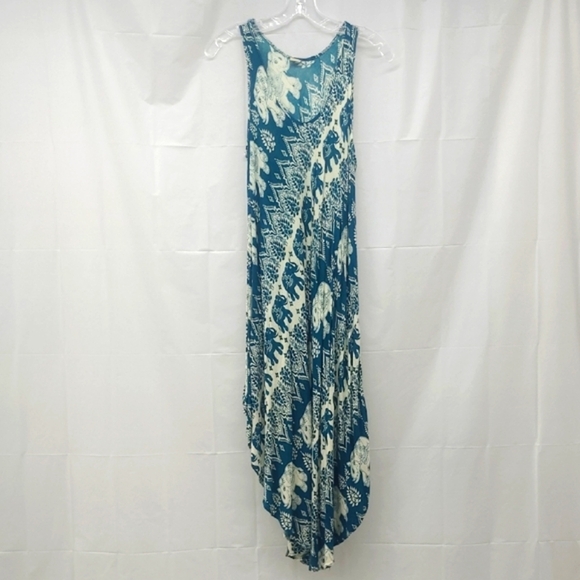 Maxi Sundress Turquoise Elephant Print Boho Forest Fairy Scoop Neck Lightweight - Picture 6 of 9